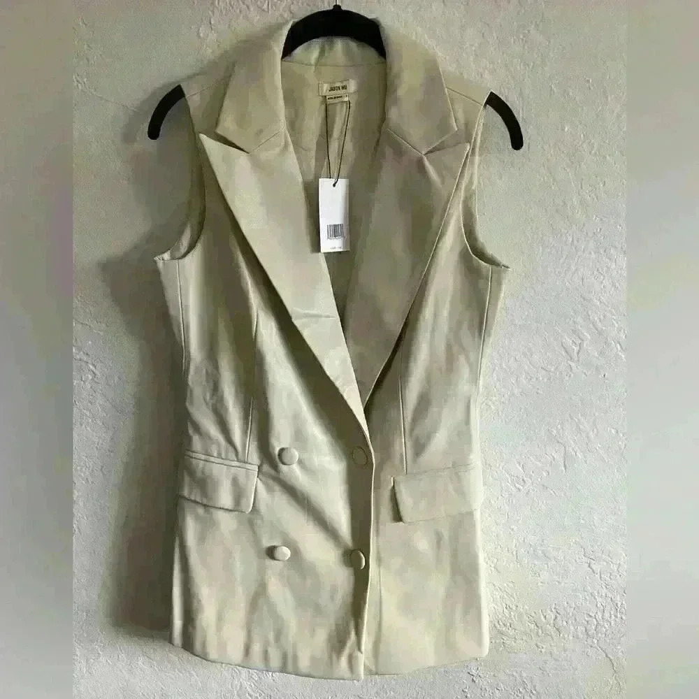 NWT Jason Wu notch collared ivory faux leather long vest S